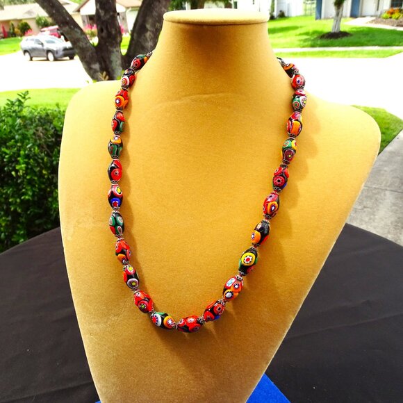 Murano Jewelry - Vintage Venetian Glass Murano Colorful Millefiori Bead Hand Knotted Necklace